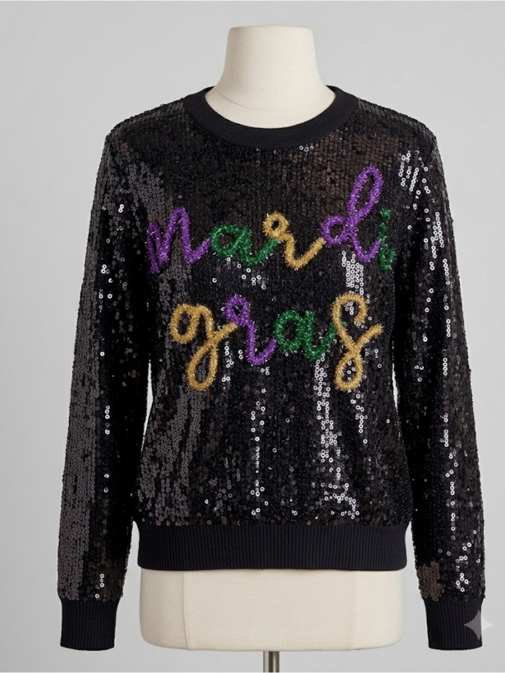 New! QUEEN OF SPARKLES Black Full Sequin 'Mardi Gras' Glitter Script Sweater